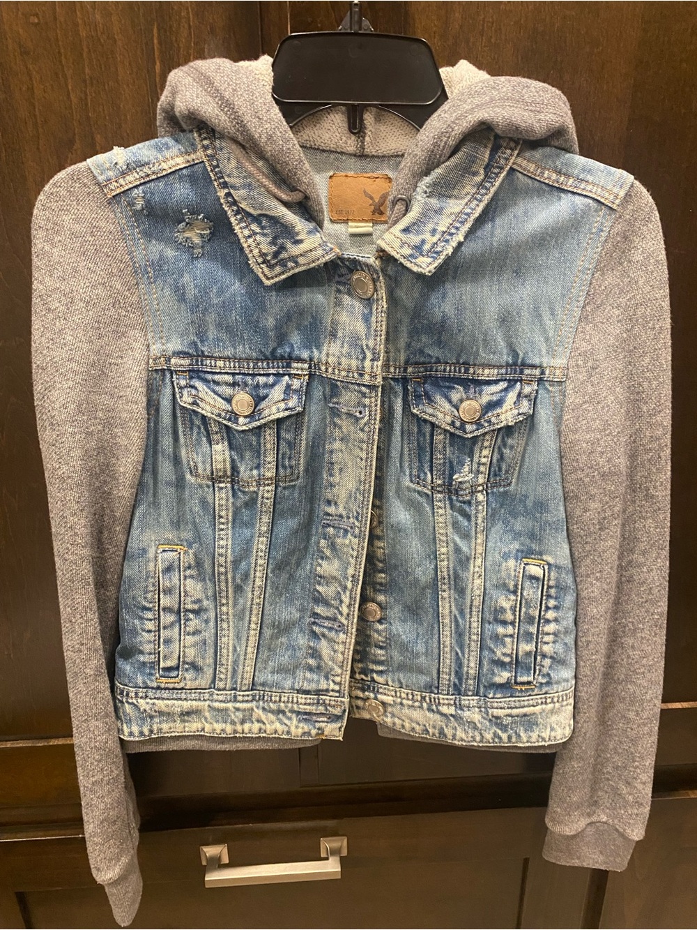 American Eagle Outfitters Light Blue Denim Jacket with Gray Knit Hood & Sleeves